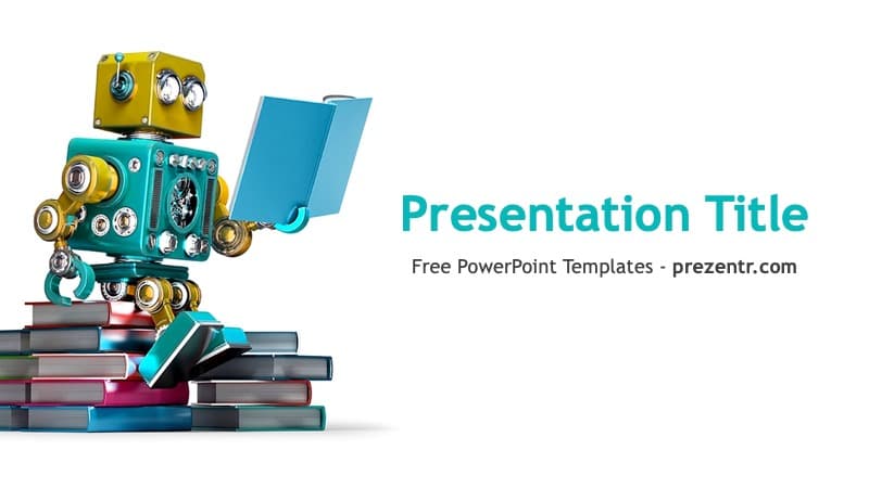 Machine Learning PowerPoint Template: colorful robot with books, teal and yellow accents