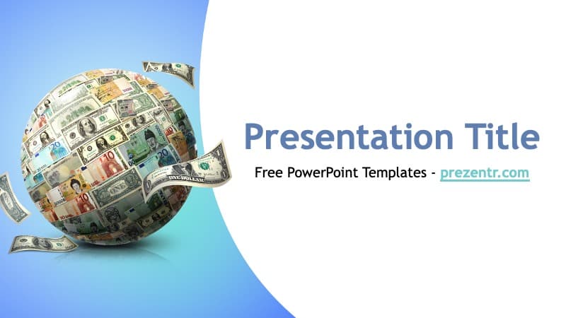Macroeconomics template cover slide featuring globe wrapped in currency bills, blue gradient background