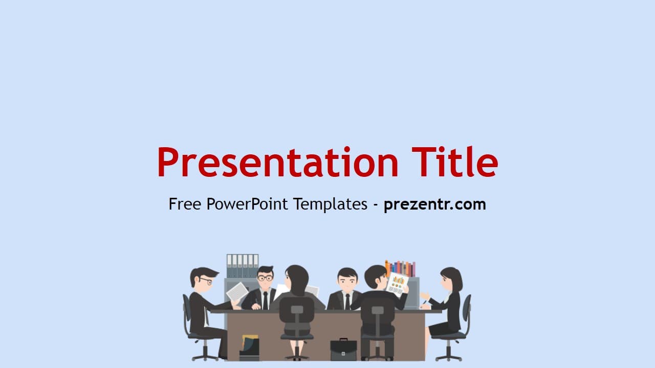 Management PowerPoint Template cover slide with business team at table on light blue background