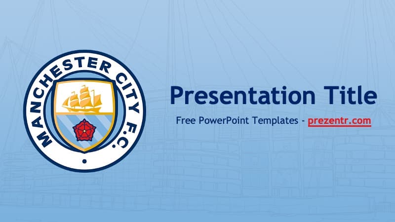 Manchester City PowerPoint Template cover slide with club crest logo, blue background, and presentation title placeholder