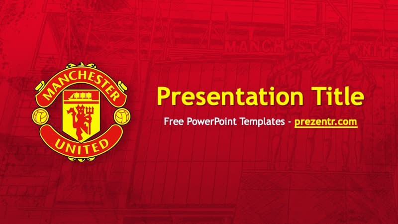 Manchester United PowerPoint template cover slide with red background, yellow logo, and title text