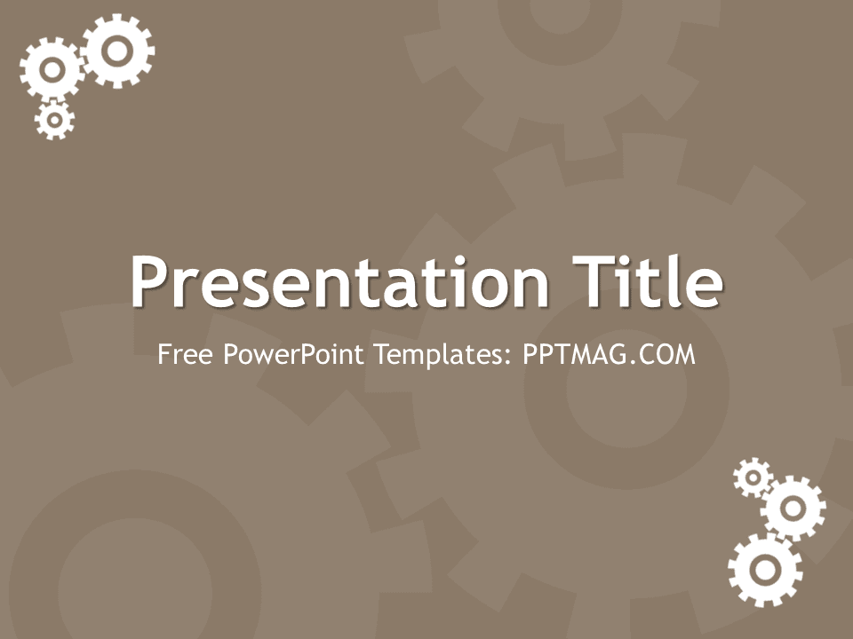 Brown Manufacturing PowerPoint Template title slide with white gears in corners and tan background pattern