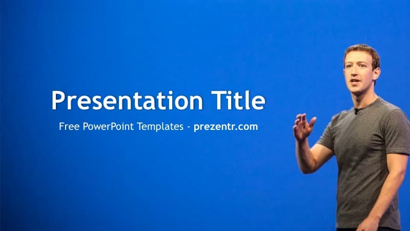 Mark Zuckerberg PowerPoint Template cover slide with blue background and presenter in casual attire
