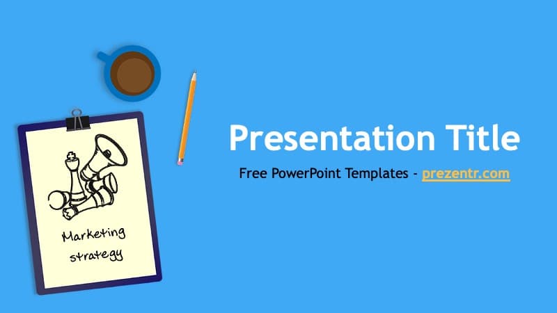 Marketing Strategy Proposal template cover slide with blue background, clipboard sketch, and coffee cup