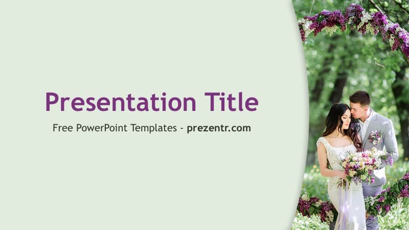 Marriage PowerPoint Template cover slide with couple in garden, purple flowers and green layout