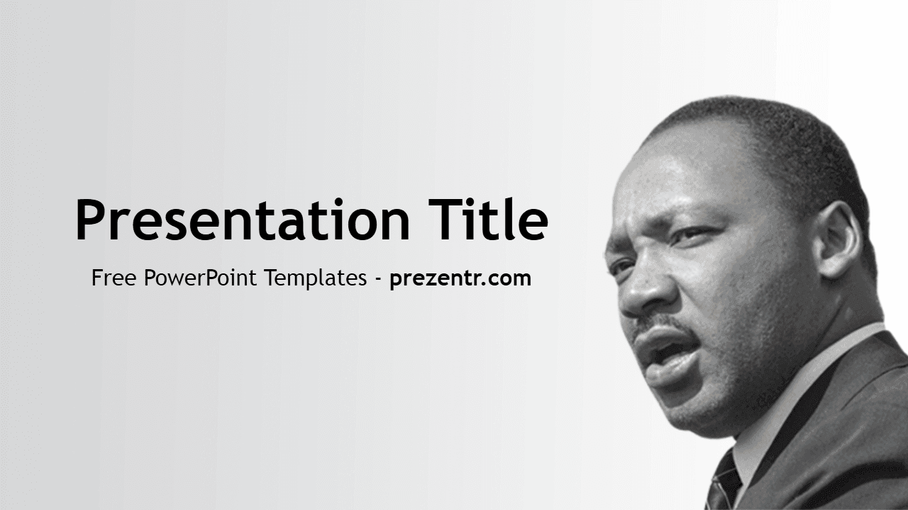 Martin Luther PowerPoint Template cover slide with black and white portrait photo and minimalist layout