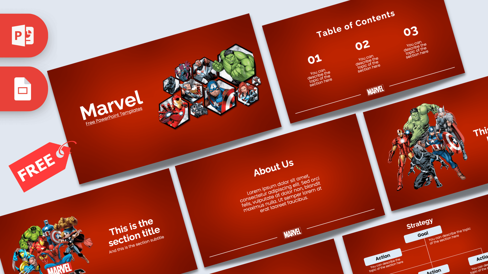 Marvel Heroes PowerPoint Template cover slide with red background, character illustrations, and white text layout