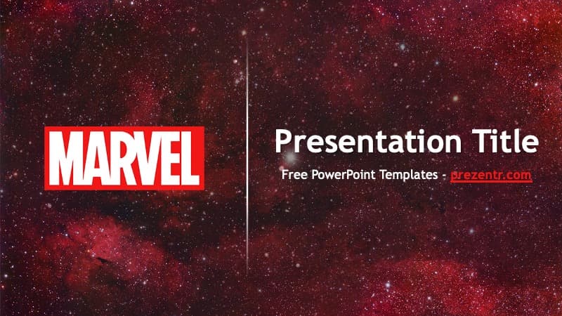 Marvel PowerPoint Template cover slide with red cosmic background and white logo text