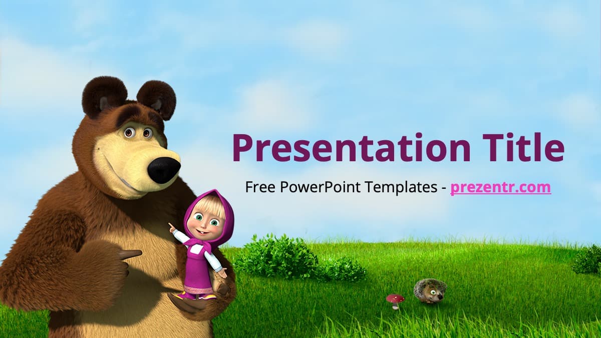 Masha and the Bear PowerPoint Template cover slide with cartoon characters on green grass under blue sky background