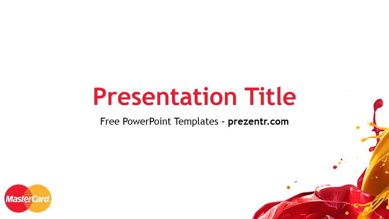 Mastercard PowerPoint Template cover slide with red and gold splash design, white background, and red title text