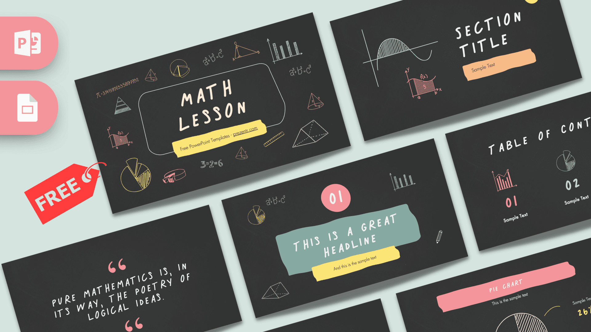 Math Lesson PowerPoint template with dark background, colorful geometric icons, and yellow banner on black design