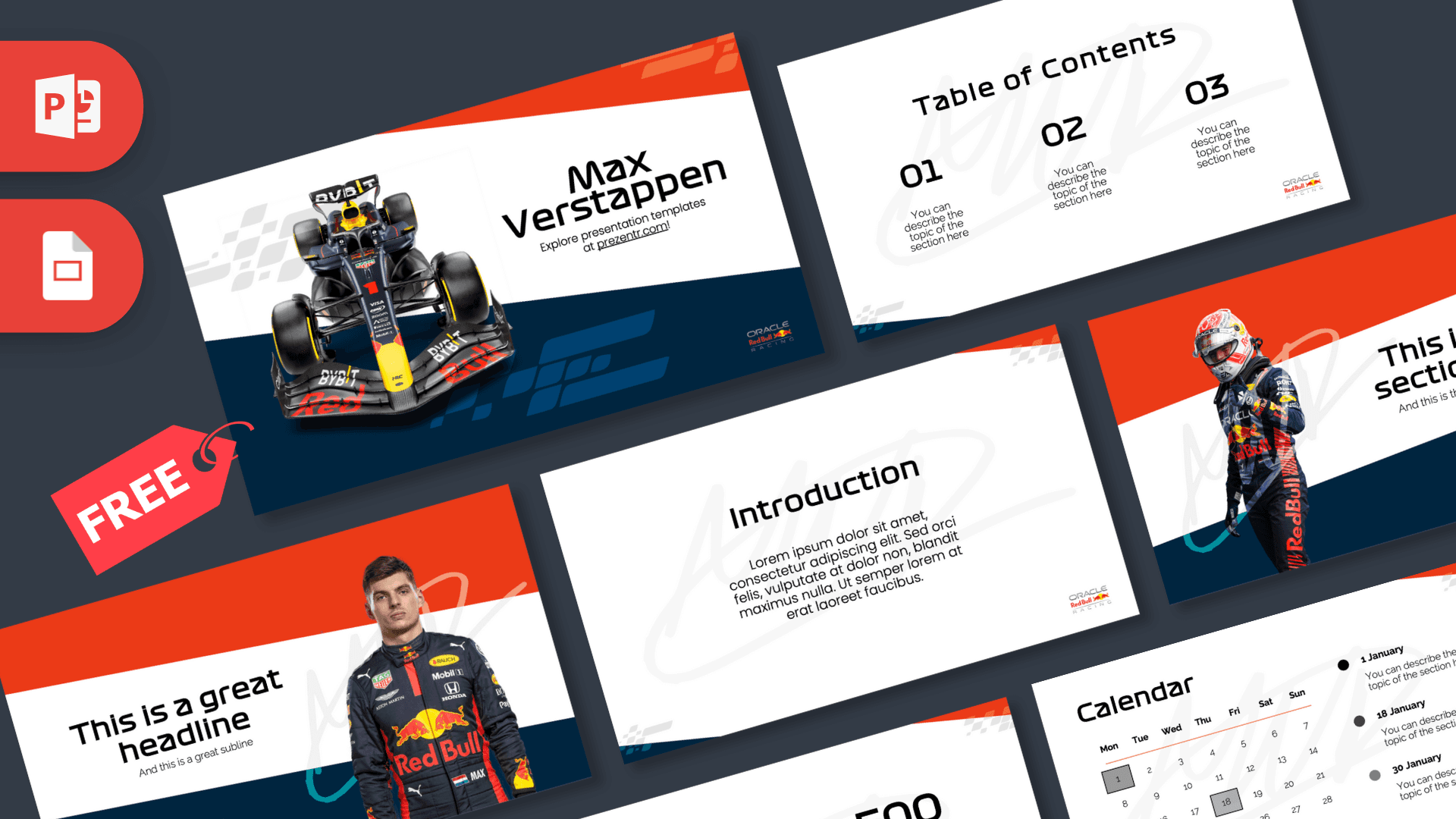 Max Verstappen PowerPoint Template cover slide with racing car, orange and blue colors