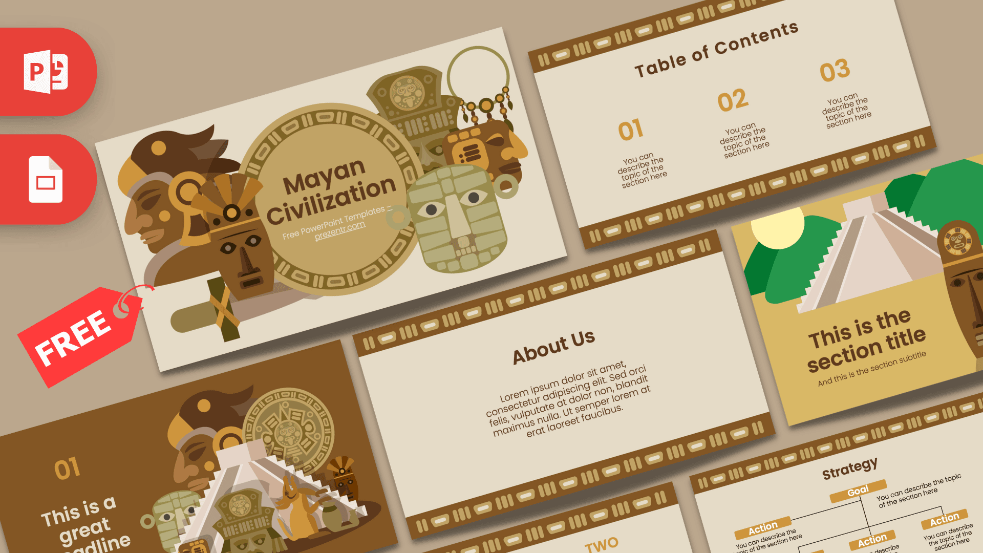 Mayan Civilization template cover slide featuring brown and gold illustrated Aztec masks and geometric patterns