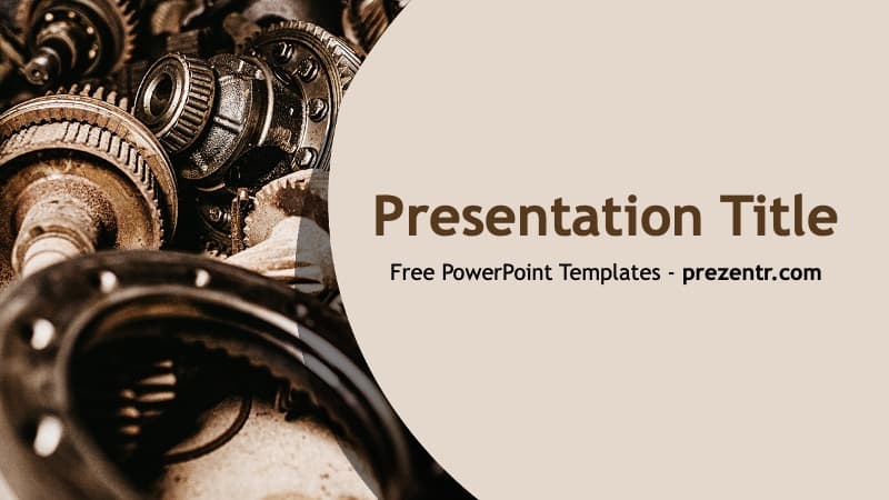 Mechanical PowerPoint Template cover slide featuring bronze gears and industrial design on beige background