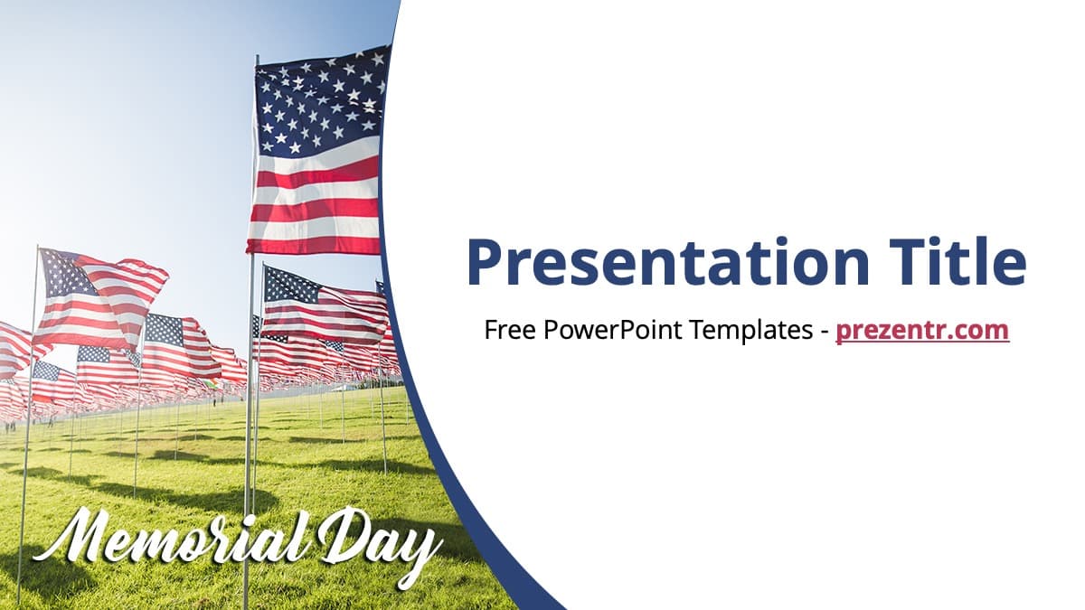 Memorial Day PowerPoint Template cover slide with American flags on grass field and blue curved design