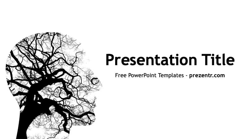 Mental Health PowerPoint Template cover slide with black tree silhouette forming human head profile