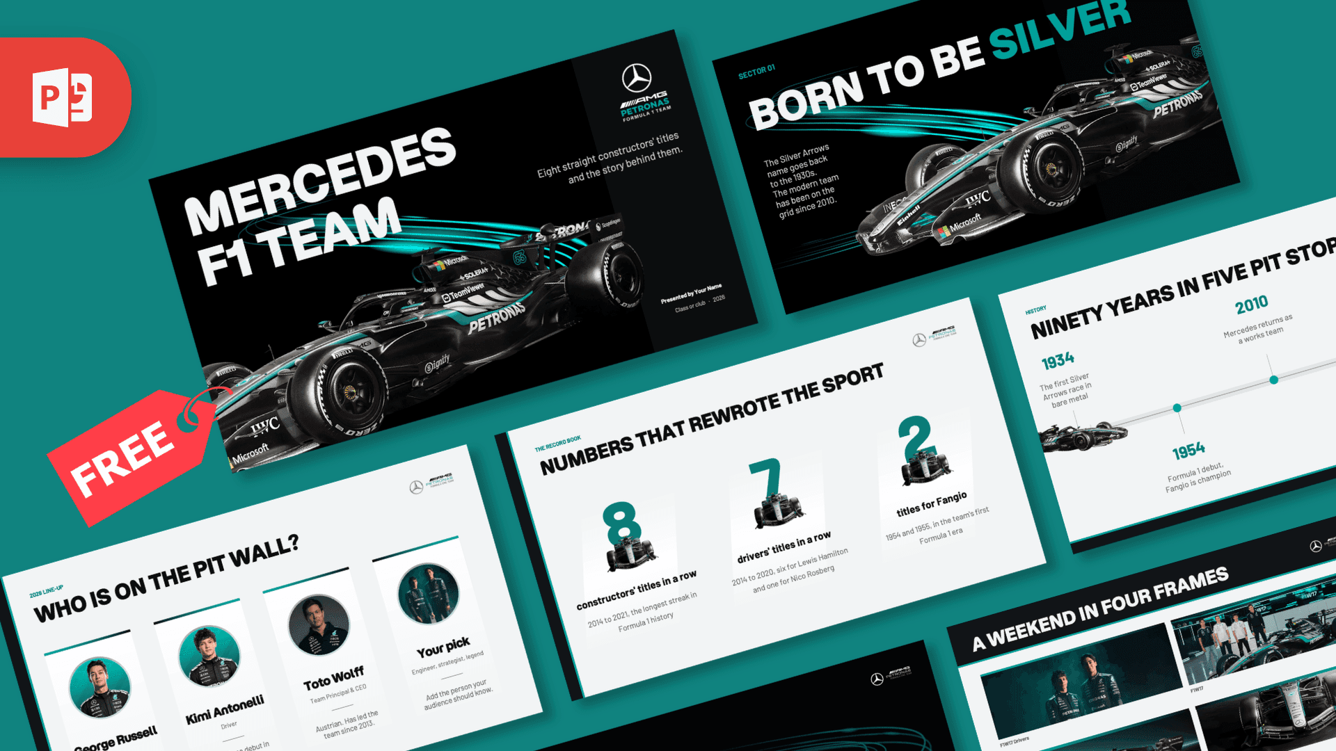 Mercedes F1 Team PowerPoint Template – preview of all slides