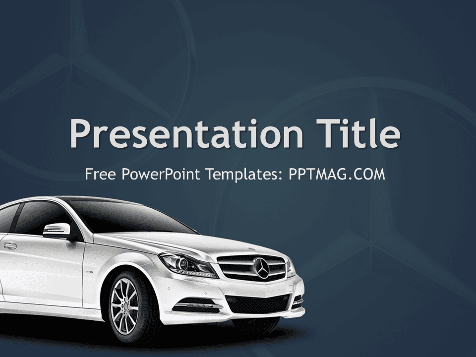 White Mercedes car on dark blue background with "Presentation Title" text and PPTMAG.COM watermark