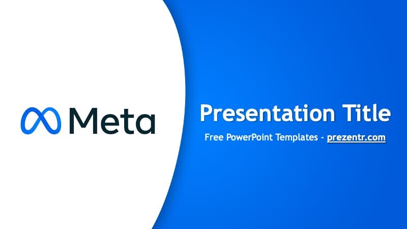 Meta PowerPoint Template cover slide with blue curved design and white logo on left