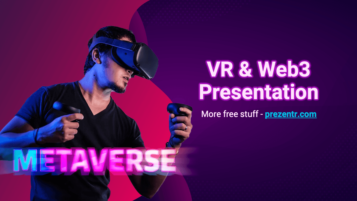 Metaverse PowerPoint template cover slide featuring person in VR headset against neon pink and purple gradient background