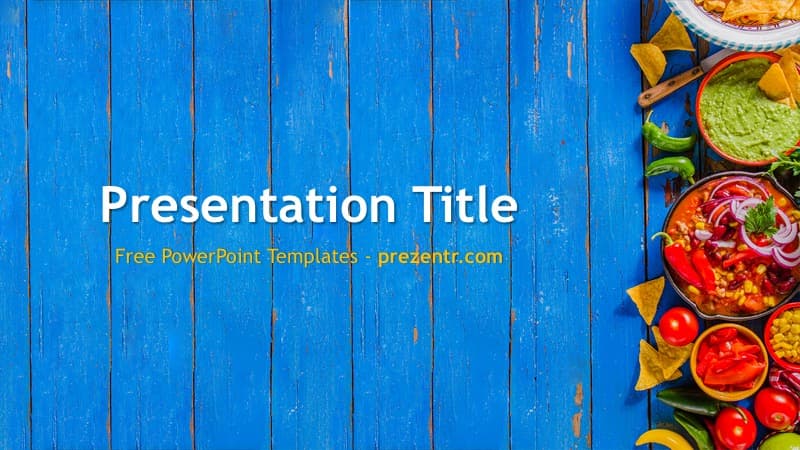 Mexican Food PowerPoint Template with blue wooden background and colorful salsa bowls