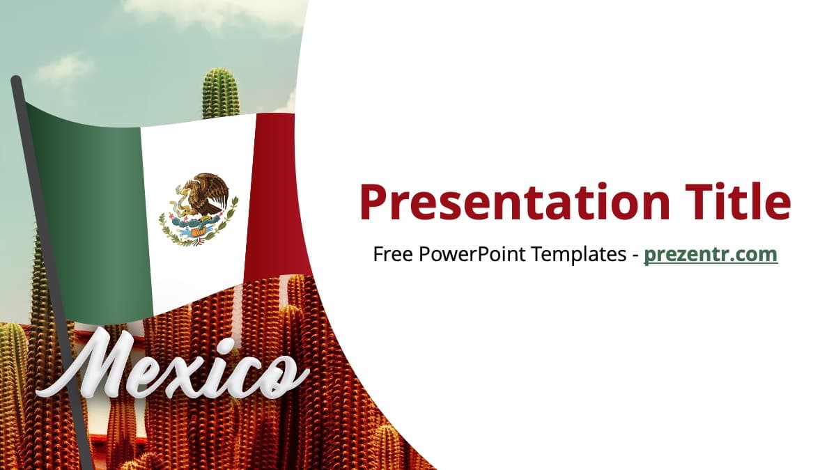 Mexico PowerPoint Template cover slide with Mexican flag, cactus, and red geometric design