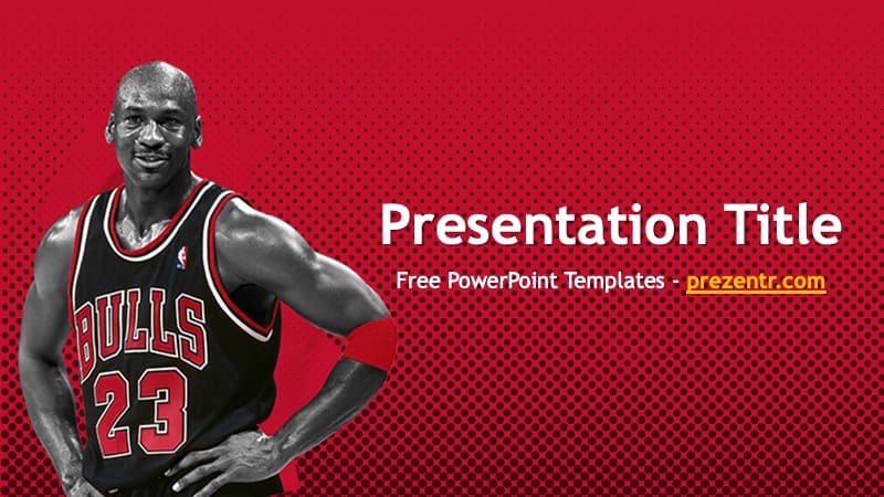 Michael Jordan PowerPoint Template cover slide with red background, basketball player in Bulls jersey, and white title text