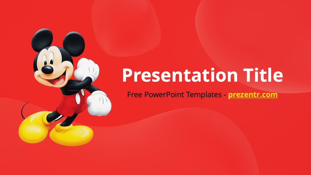 Mickey Mouse PowerPoint Template cover slide featuring Mickey on bright red background with white text and yellow shoes