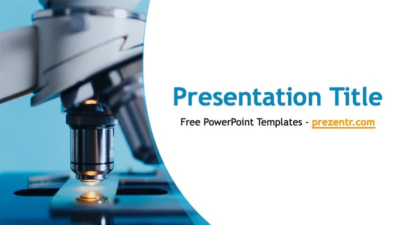Microbiology PowerPoint Template cover slide with microscope objective lens on blue background and curved design elements