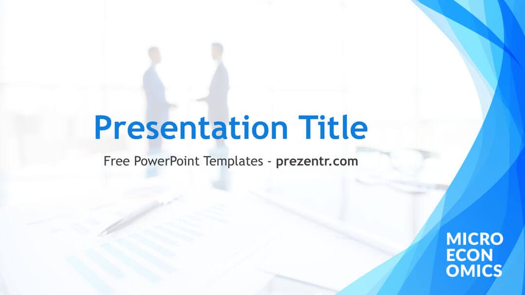 Microeconomics PowerPoint template cover slide with blue wave design and business meeting imagery