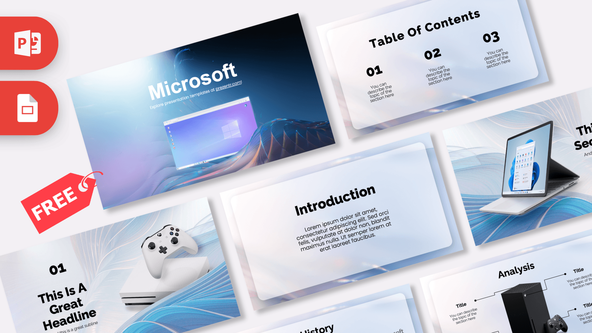 Microsoft PowerPoint template showcase with blue gradient design and tech imagery