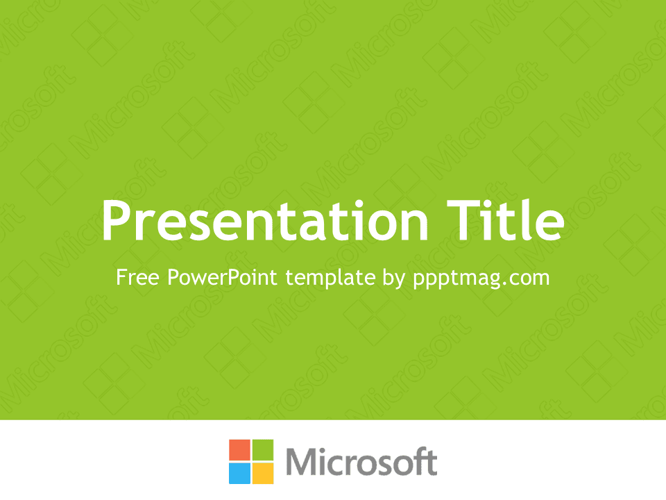 Bright green PowerPoint template cover slide with white "Presentation Title" text and Microsoft logo at bottom