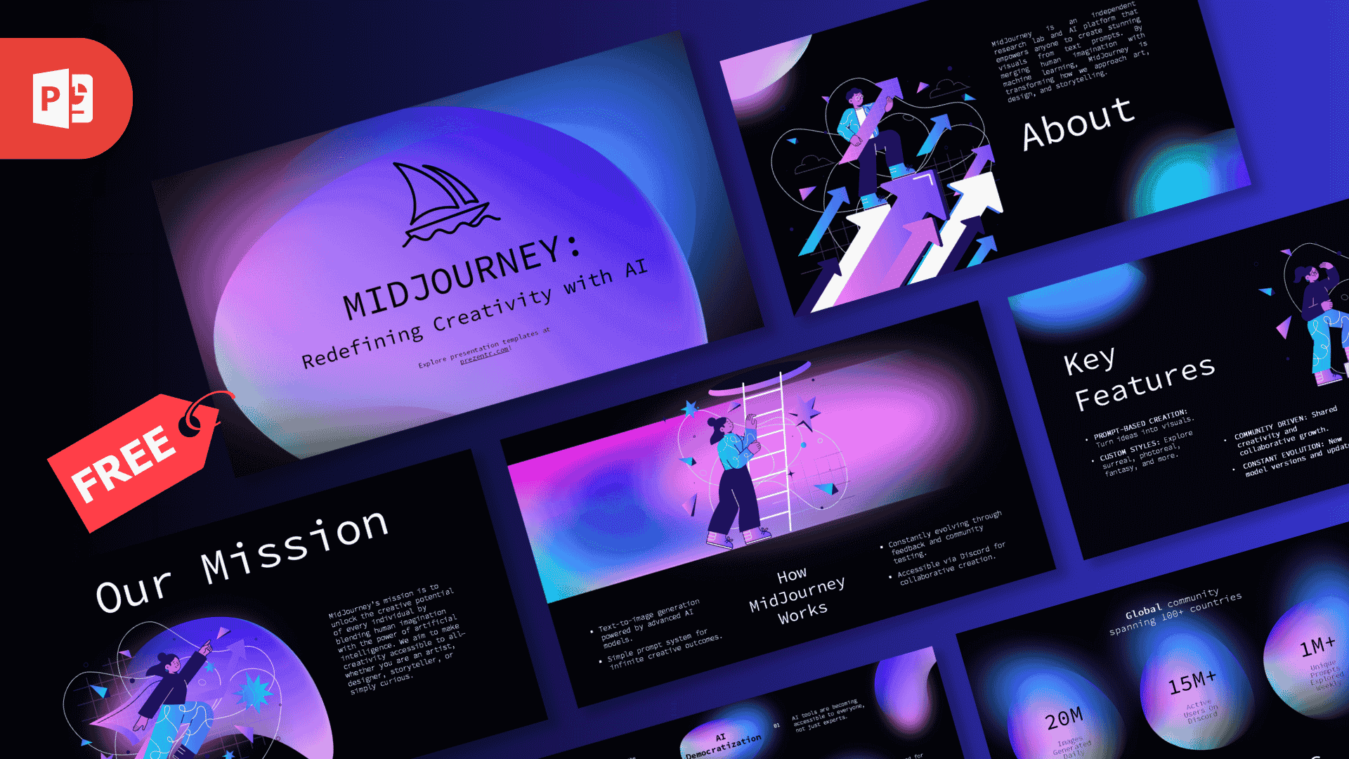 Free Midjourney PowerPoint template cover slide with vibrant purple-blue gradient and illustrated figures