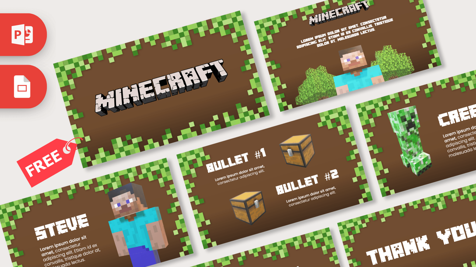 Minecraft PowerPoint template cover slide with pixelated green grass, brown dirt background, and Steve character