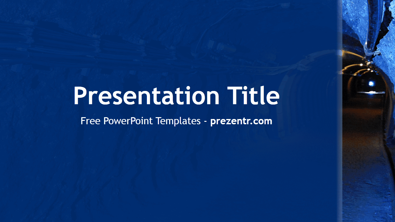 Mines PowerPoint Template cover slide with blue background, tunnel imagery, and centered white text layout