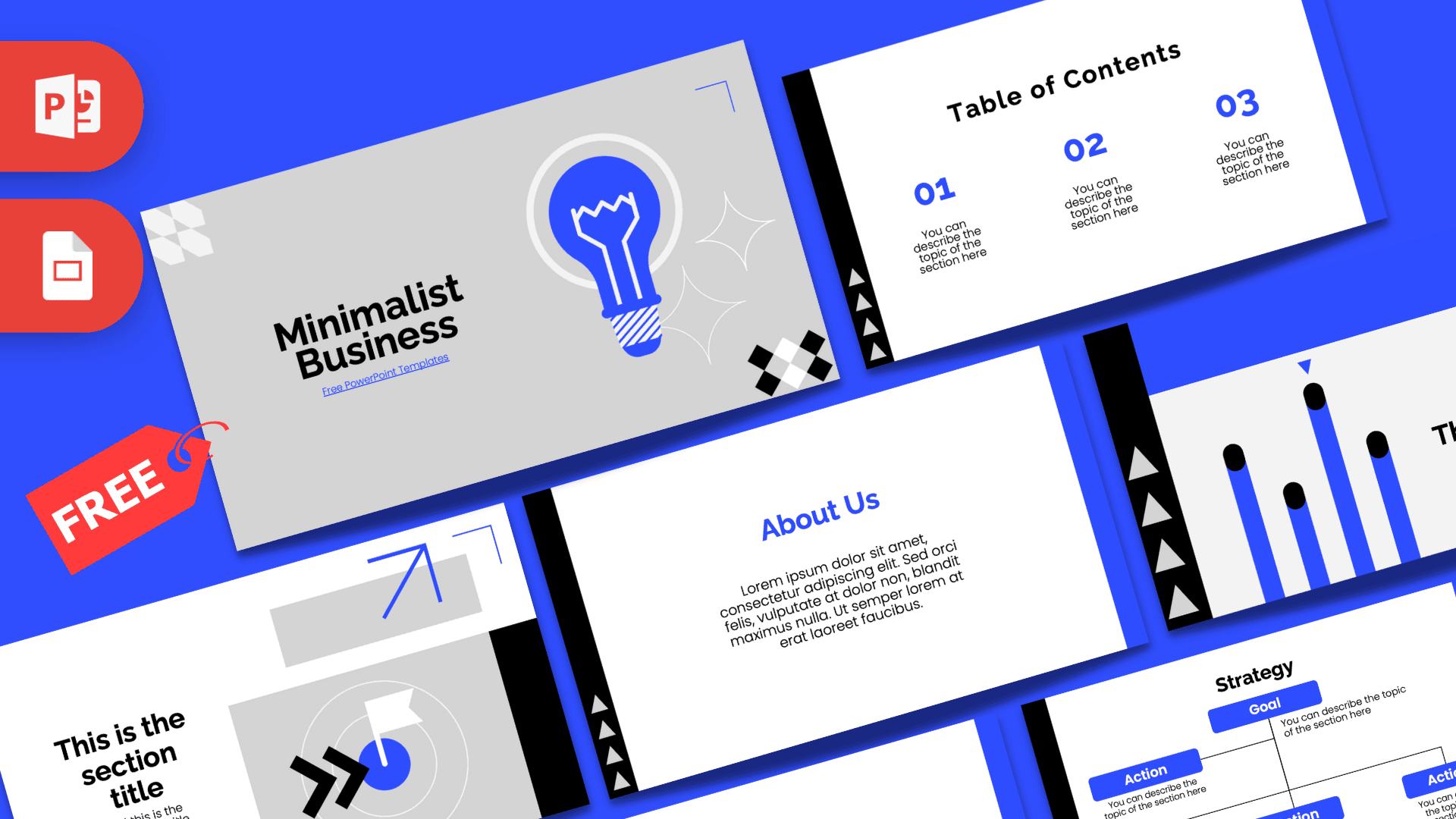 Minimalist Business PowerPoint template cover with blue lightbulb icon and geometric design on bright blue background
