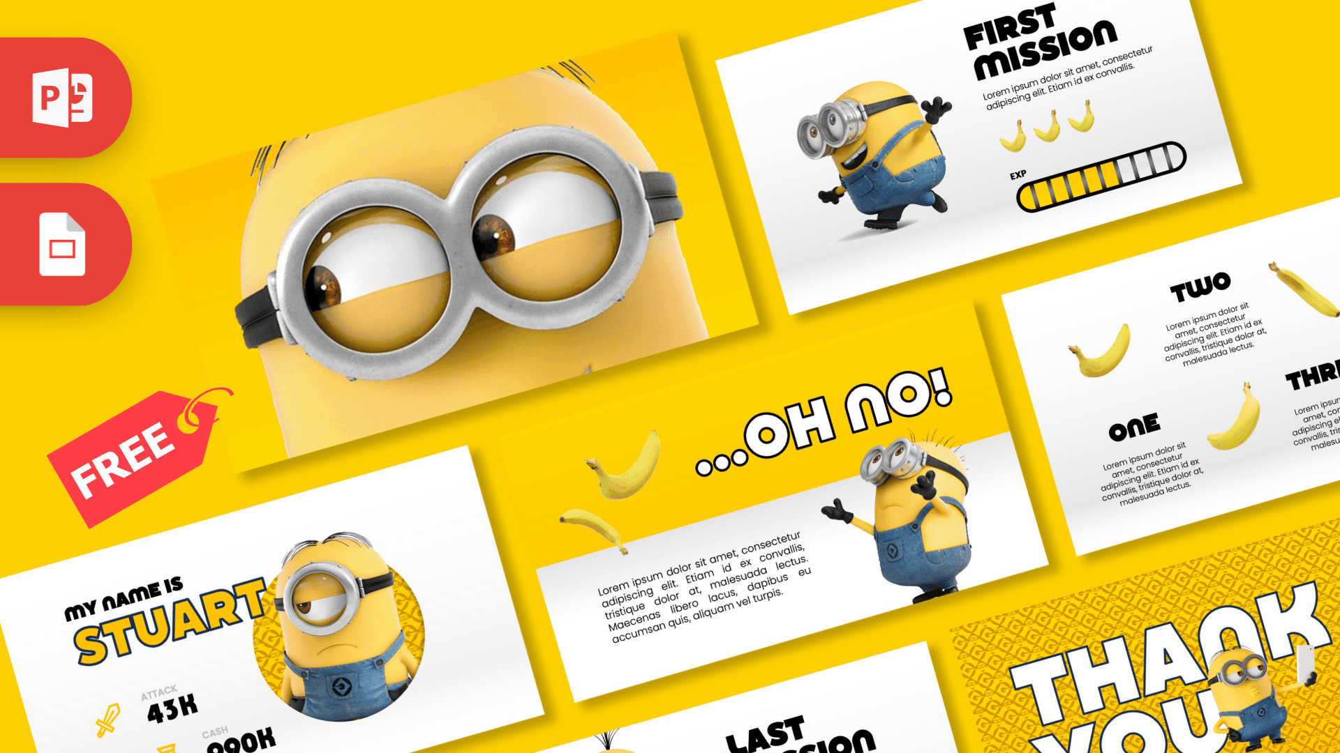 Minions PowerPoint template cover slide featuring yellow background with cartoon minion characters and mission-themed