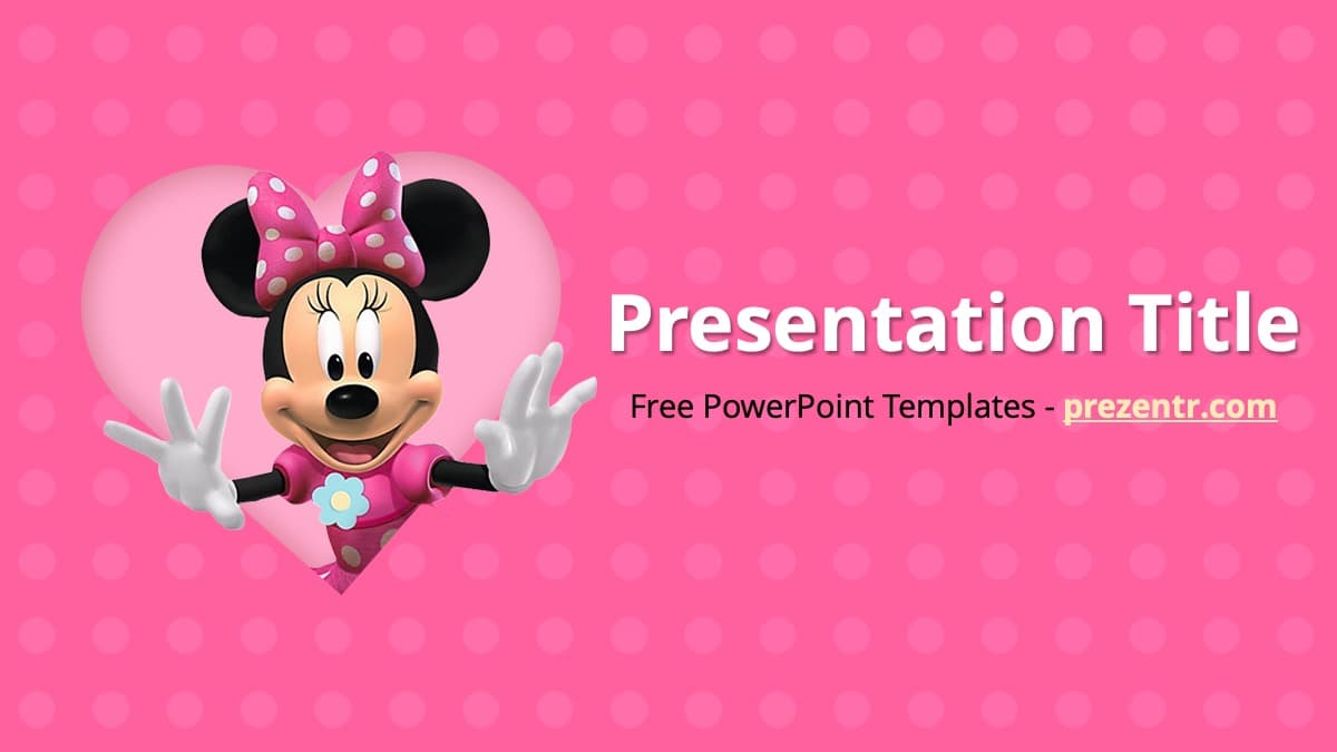 Minnie Mouse PowerPoint Template cover slide with pink background and cheerful character illustration