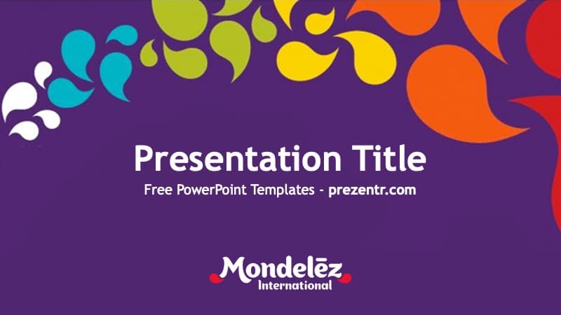 Mondelez PowerPoint template title slide with purple background and colorful abstract shapes