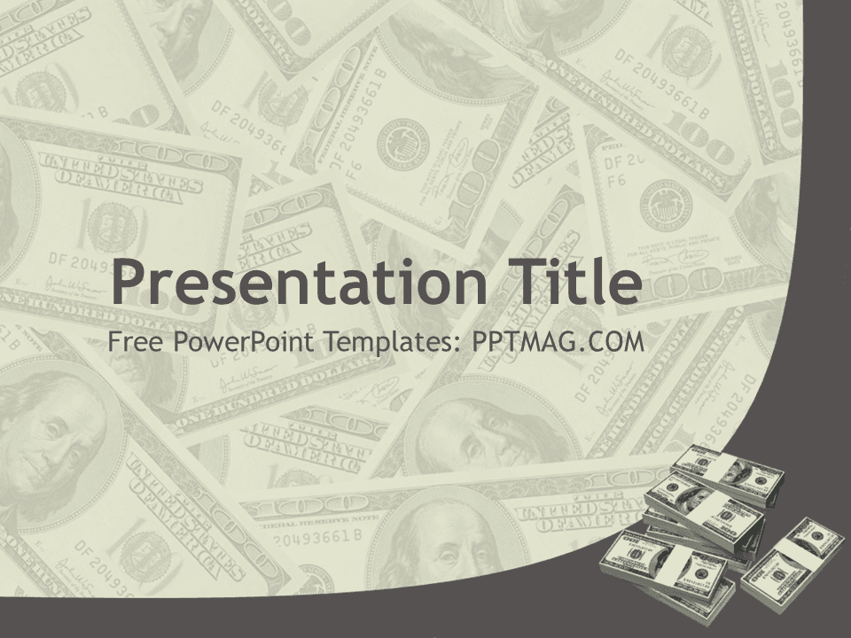 Money PowerPoint Template cover slide with dollar bills background and stacked cash illustration