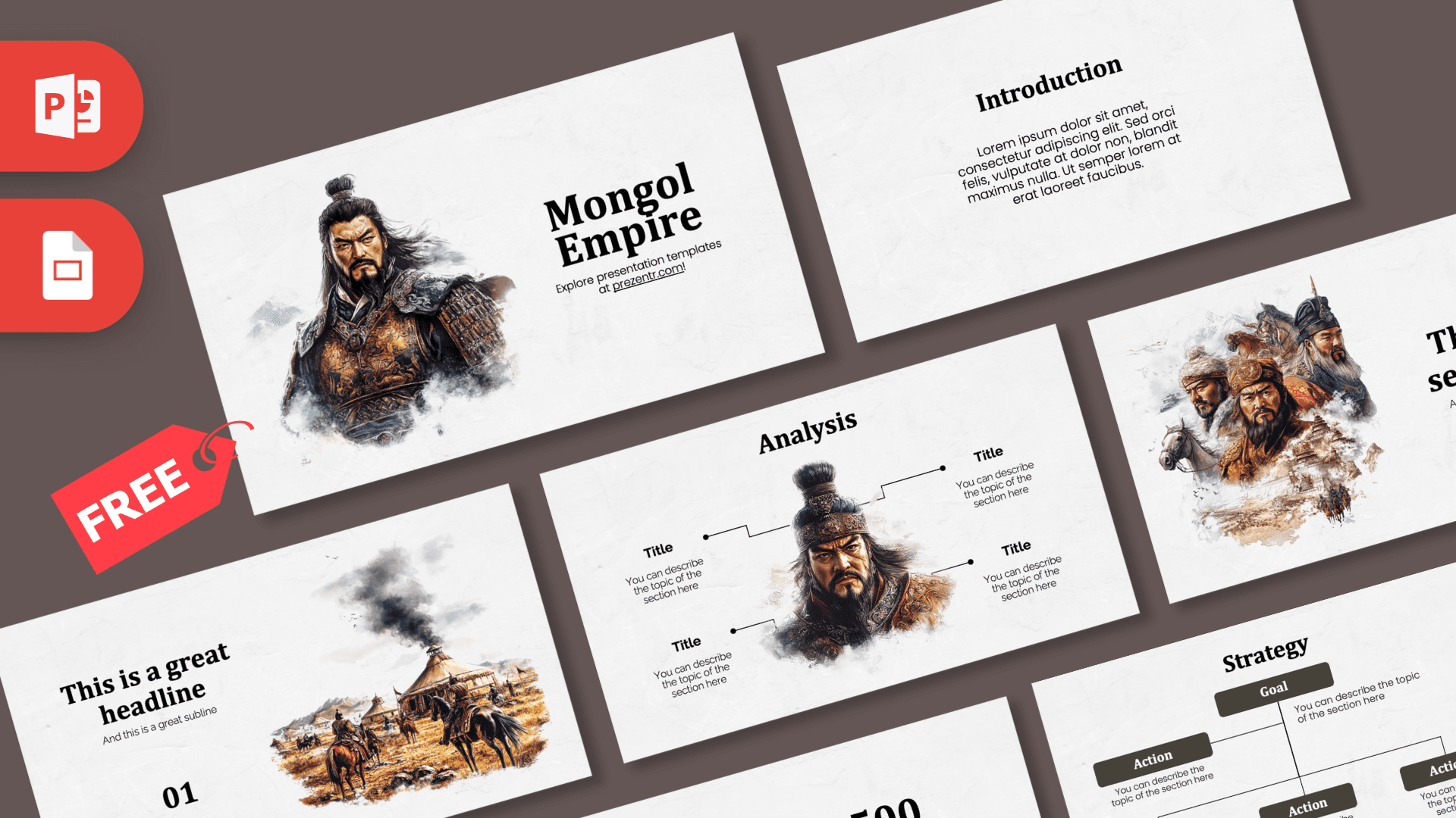 Mongol Empire PowerPoint template cover slide featuring portrait of Asian warrior leader and desert landscape imagery on