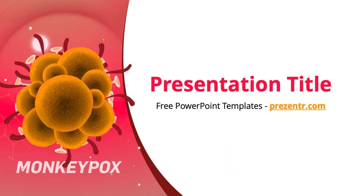 Monkeypox PowerPoint template cover slide with red background, orange virus illustration, and pink curved design element