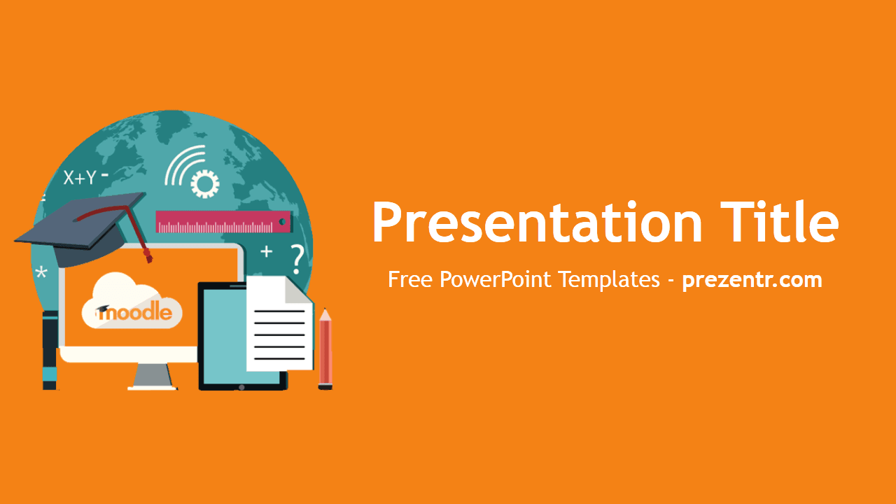 Moodle PowerPoint template cover slide with orange background, globe, graduation cap, and educational icons