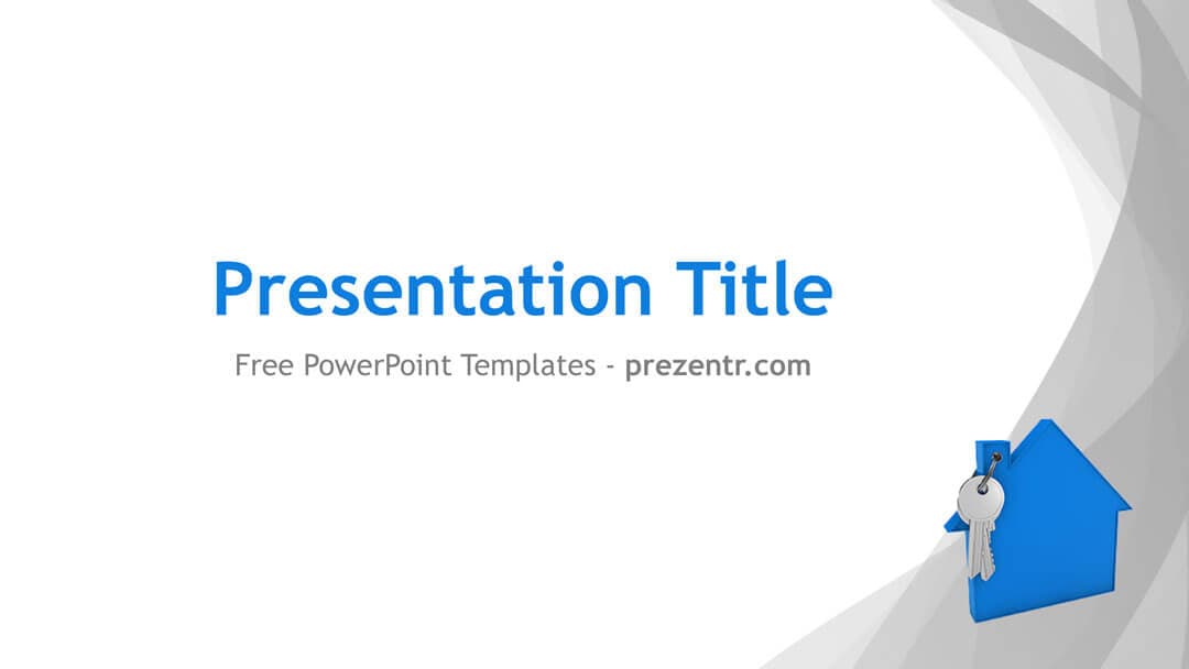 Mortgage PowerPoint Template cover slide with blue house icon and key, gray curved design elements, and white background
