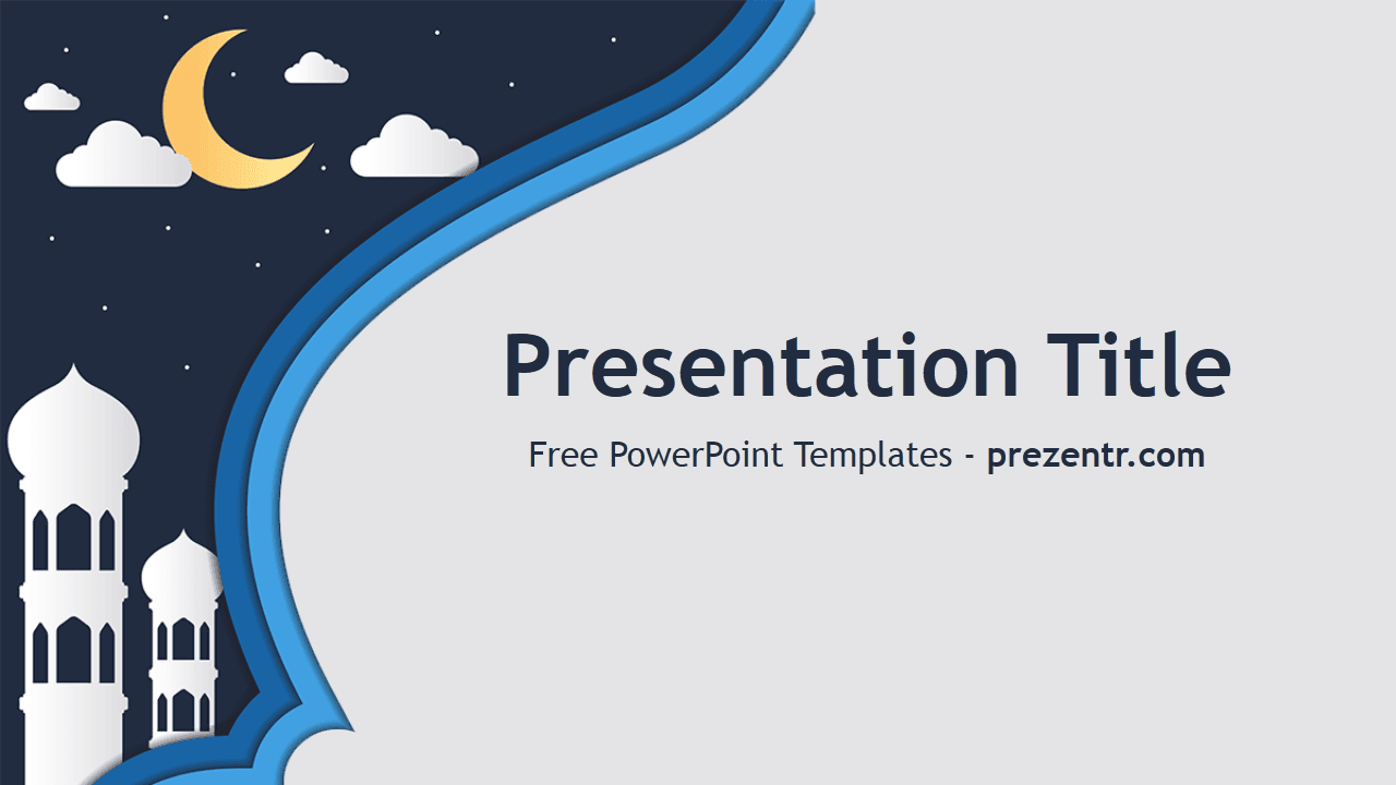 Mosque PowerPoint Template cover slide with night sky, crescent moon, blue curved design, and white mosque silhouettes
