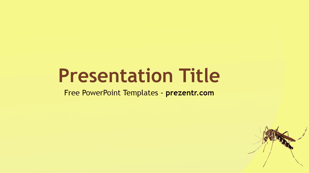 Mosquito PowerPoint Template cover slide with yellow background, brown title text, and mosquito illustration