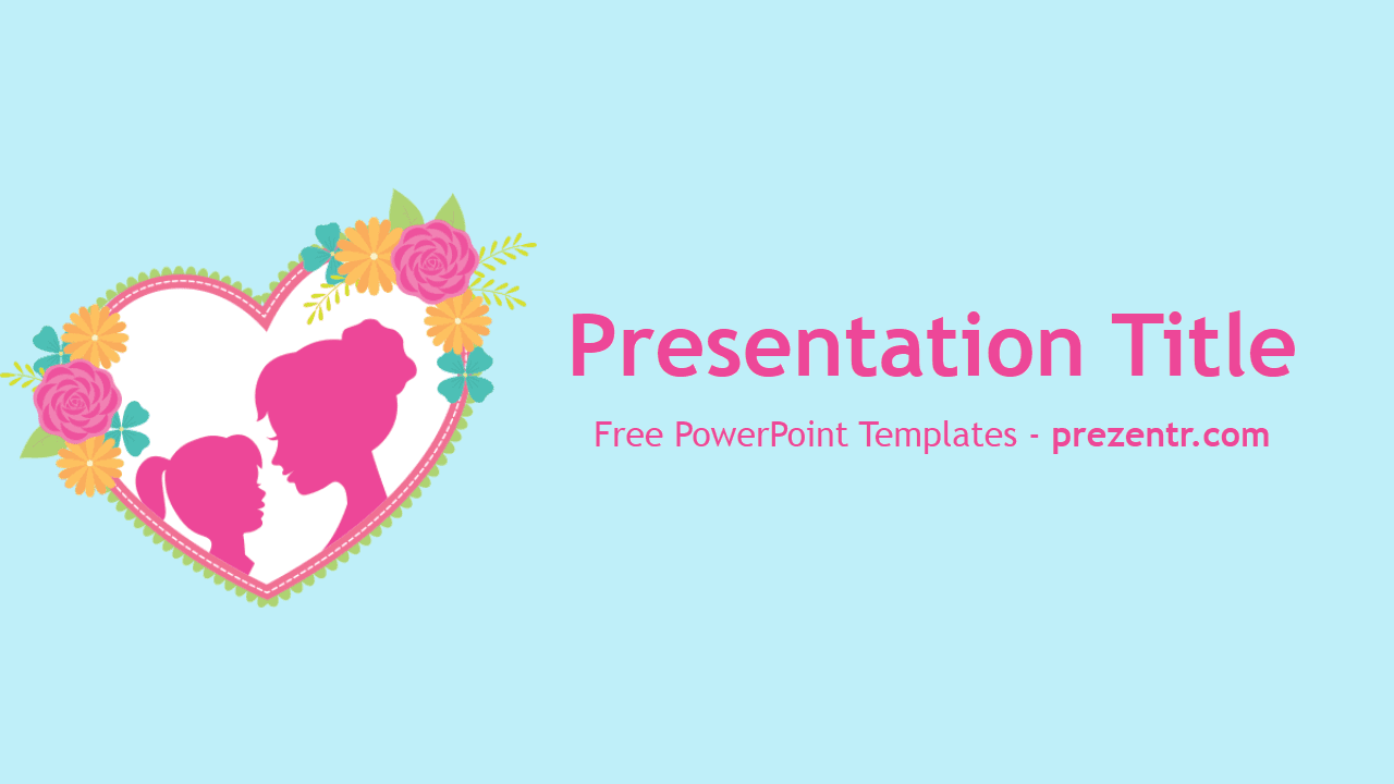 Mother's Day PowerPoint Template cover slide with heart silhouettes and colorful flowers on light blue background