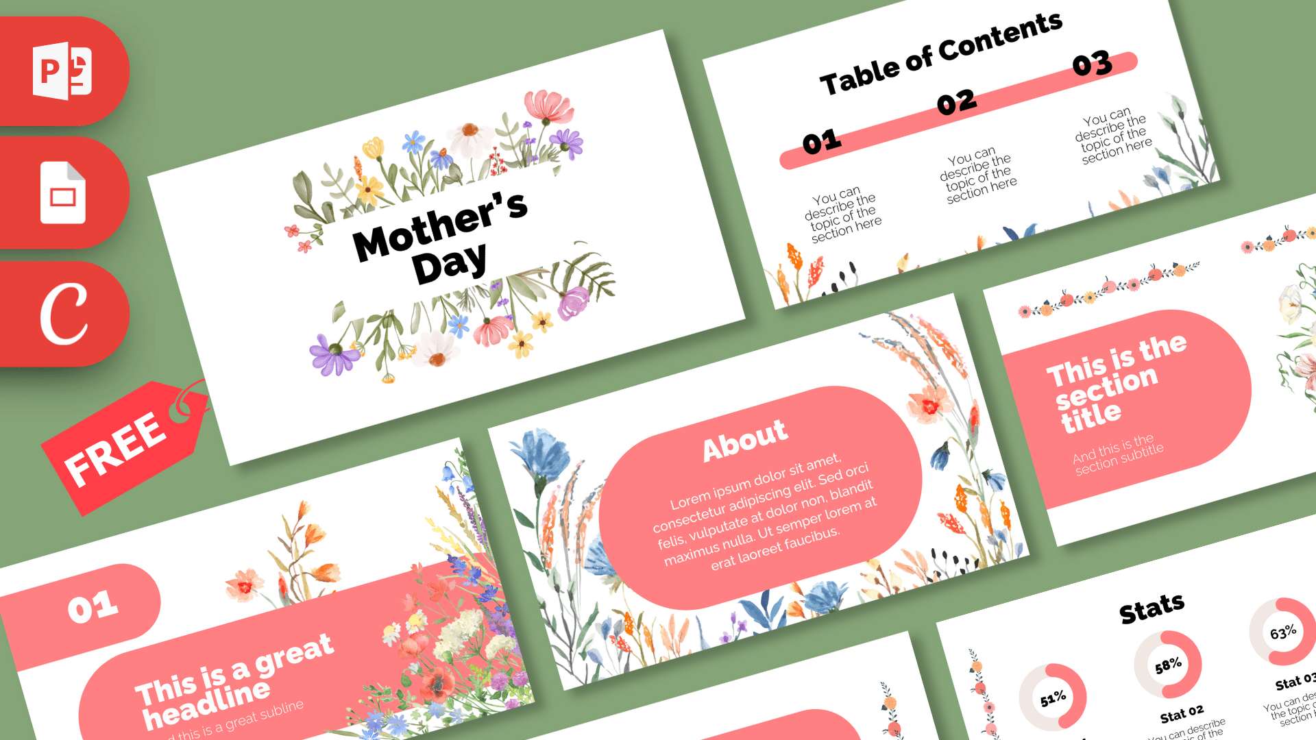 Mother's Day PowerPoint template cover with colorful floral borders and coral pink accents