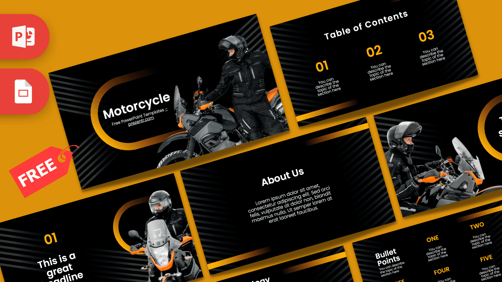 Motorcycle PowerPoint Template cover slide with black background, orange accents, and motorcycle rider imagery