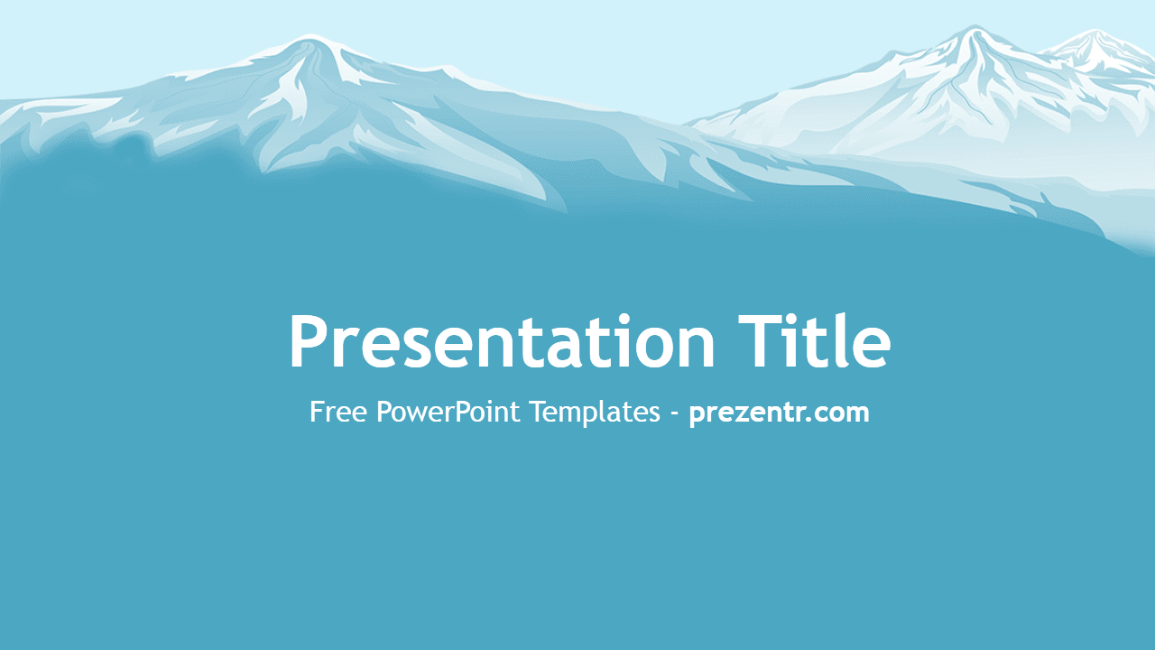 Snow-capped mountains under a blue sky on the Mountains PowerPoint Template title slide with white text